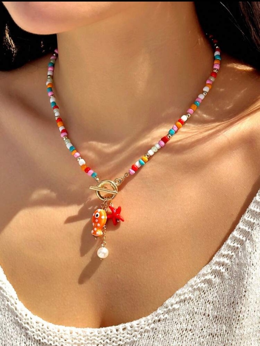 Colorful Beaded Charm Necklace with Starfish & Fish Charms